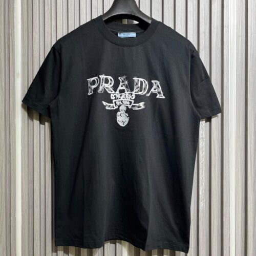 Prada Embroidered Logo Black Tshirt For Men